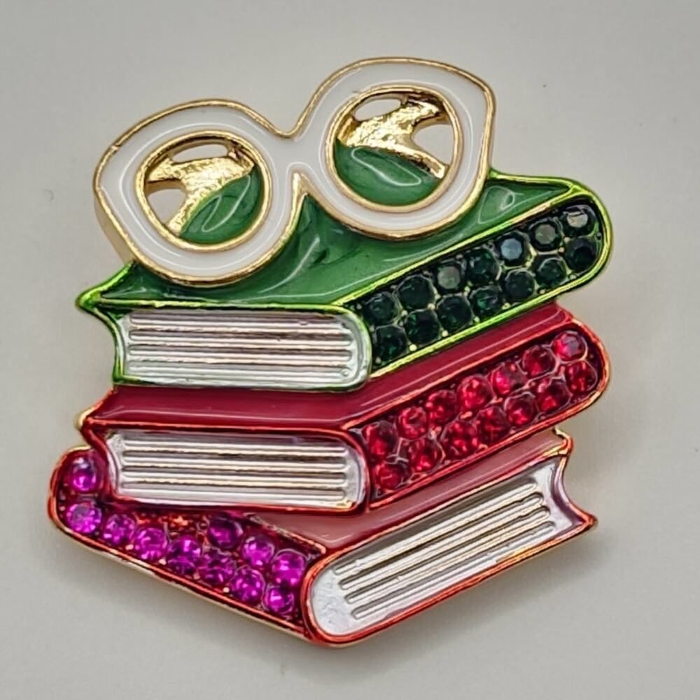 Colorful Brooch Stack of Books & Glasses Rhinestones Accents Gold Tone Metal